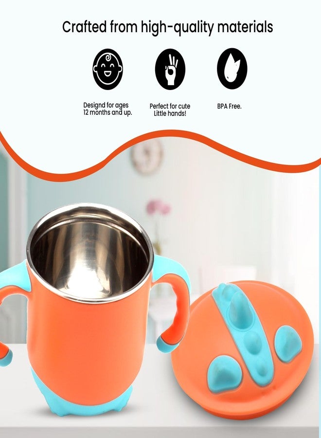 ONE AND ONLY Sipper Cup & Water Bottle with Handle for Babies, Dino Theme Steel Spill Proof Training Toddlers & Kids | 220ml BPA-Free Feeding Sippy Cup (Orange) - Image 3